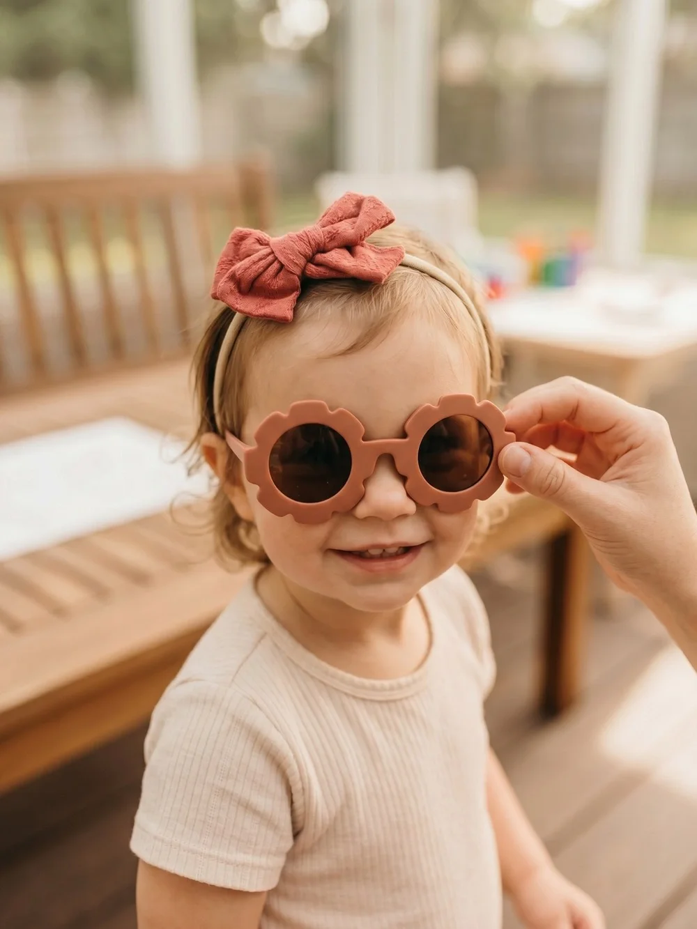 Toddler Girls Terracotta /Rust Flower Sunglasses & Matching Bow Headband Set